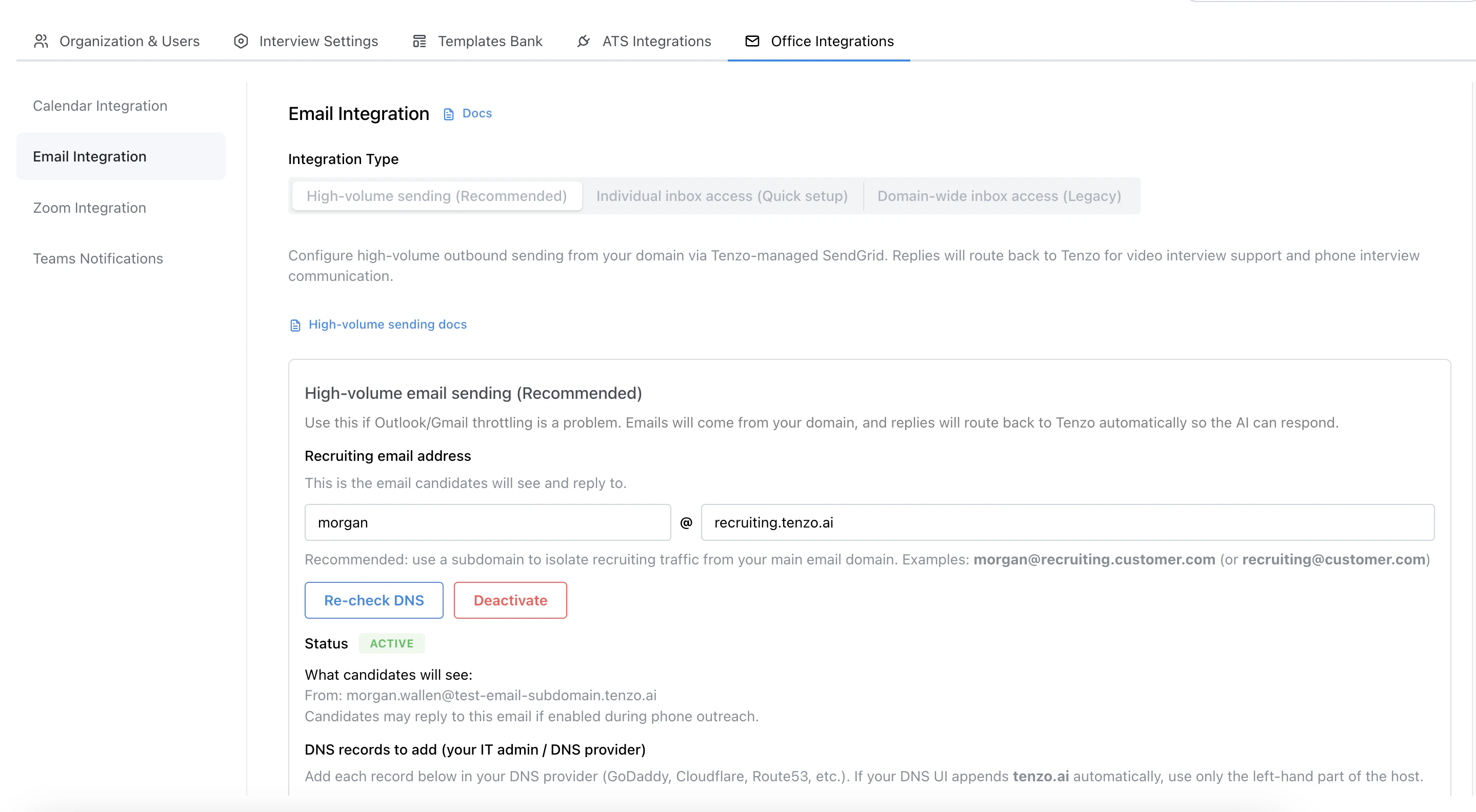 High-volume sending setup screen