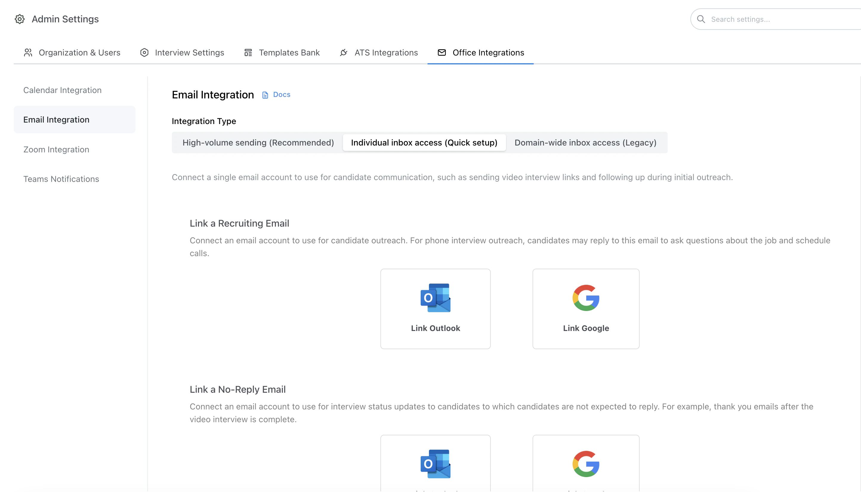 Email integration setup screen for connecting individual inboxes