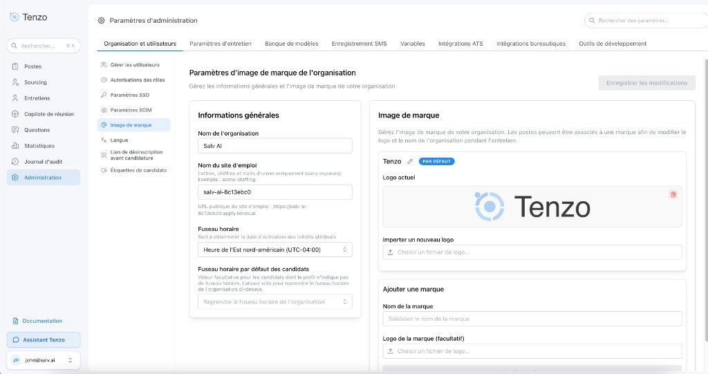 Tenzo Recruiting Platform shown in French