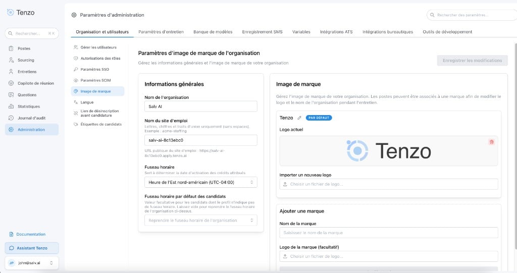 Tenzo Recruiting Platform shown in French