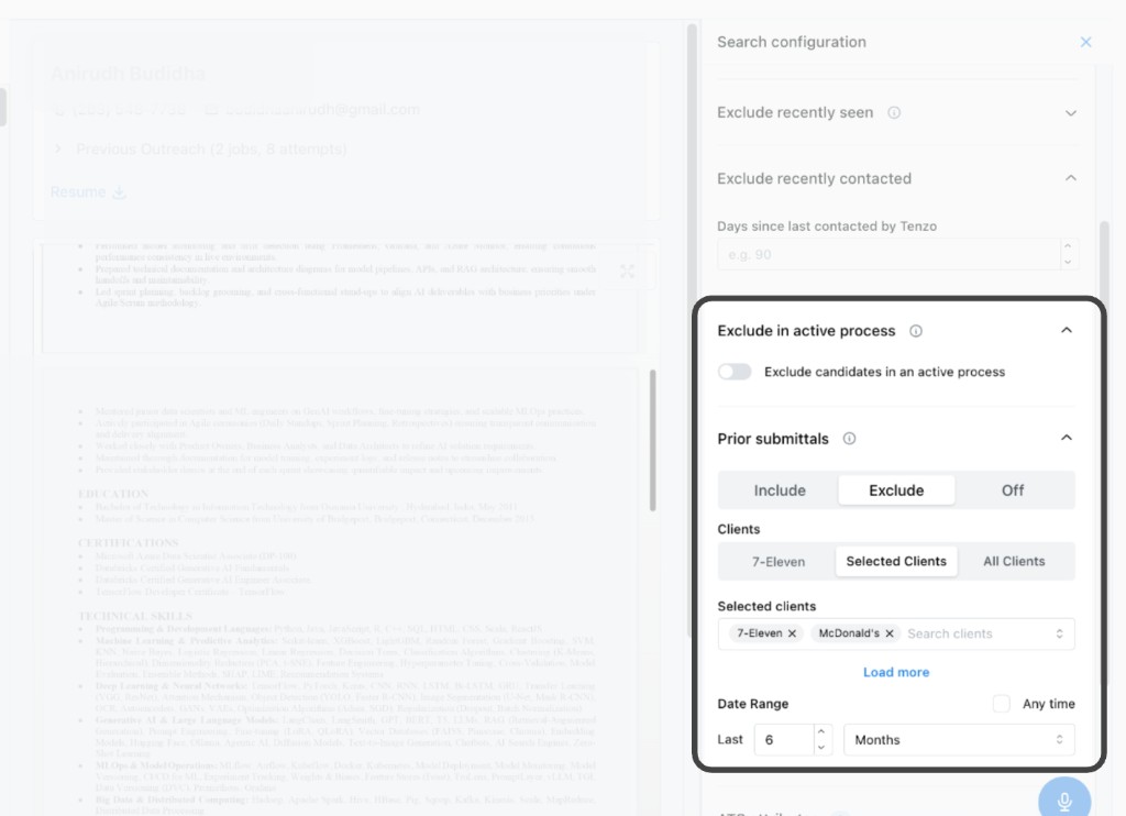Search filters for recent contact, an active process, and prior submittals