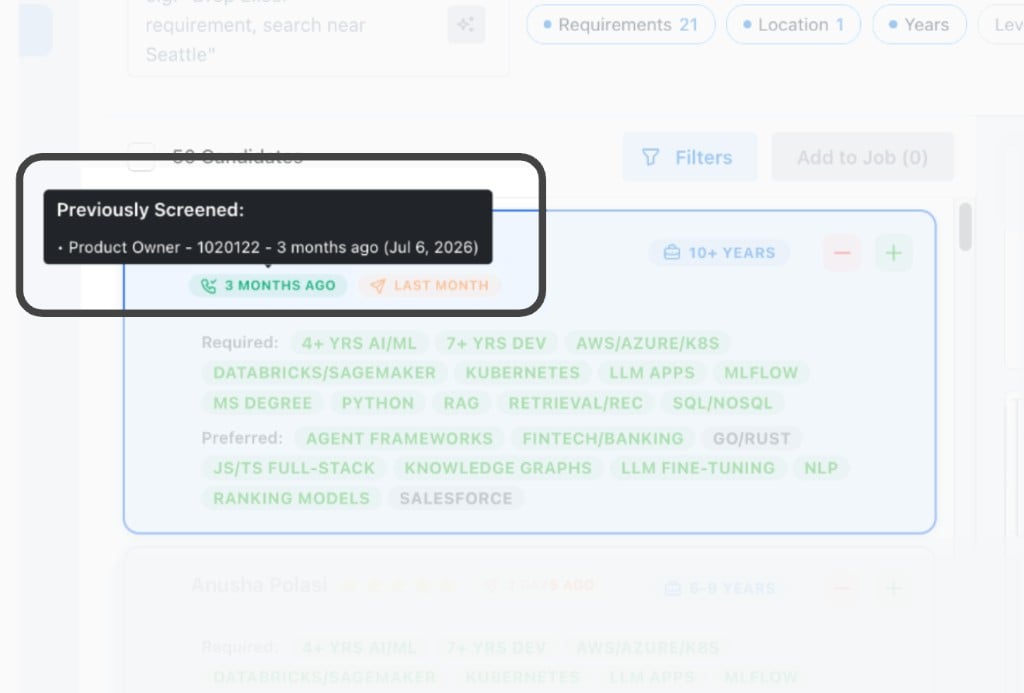Previously Screened note naming a past job and when that screen happened