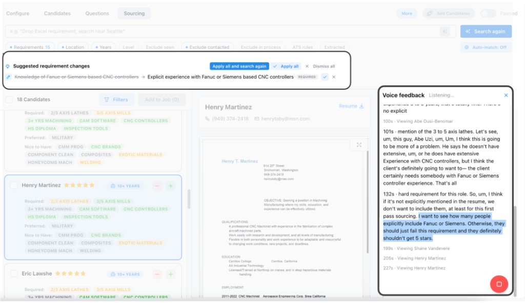 Sourcing results with voice feedback open while listening, and suggested requirement changes above the candidate list