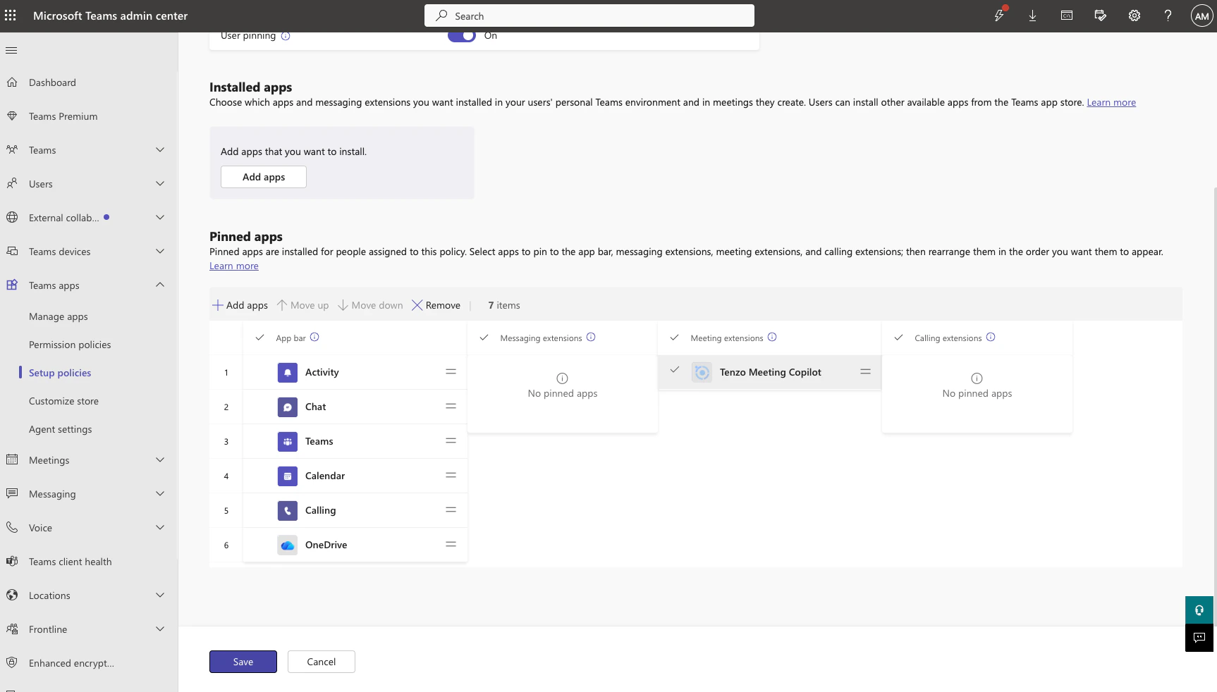 Global setup policy with Tenzo Meeting Copilot pinned under Meeting extensions