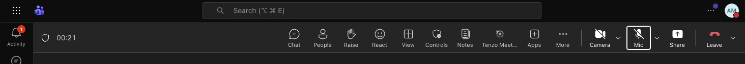 Tenzo Meeting Copilot pinned in the Teams meeting toolbar