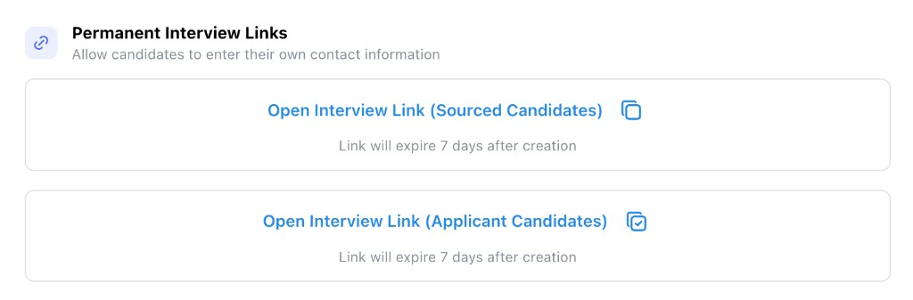 Permanent Interview Links section with Open Interview Link for sourced candidates and applicant candidates