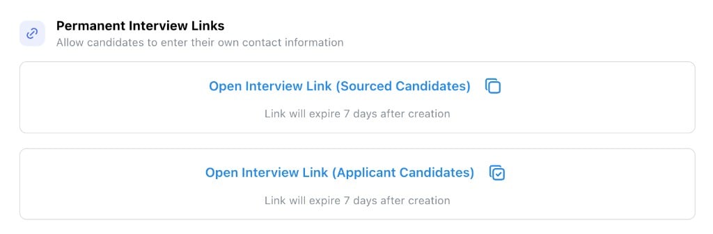 Permanent Interview Links section with Open Interview Link for sourced candidates and applicant candidates