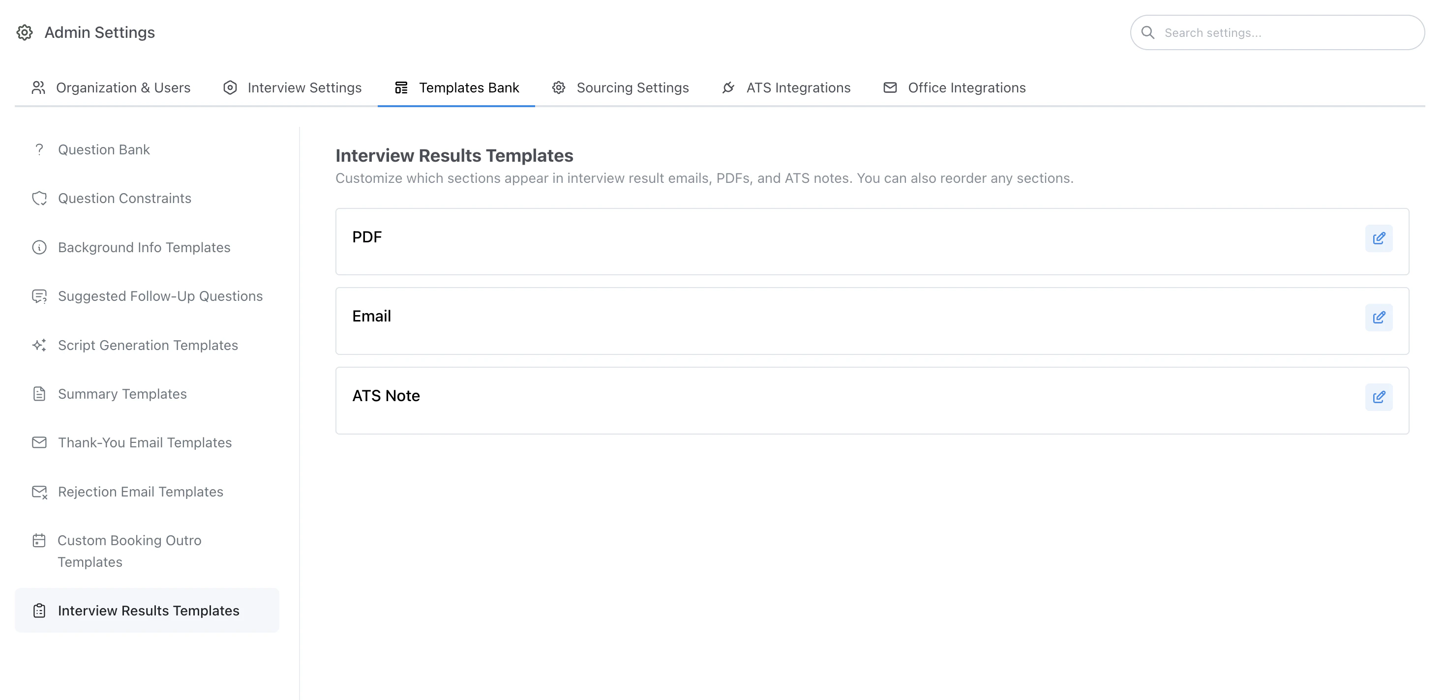 Interview Results Templates management page