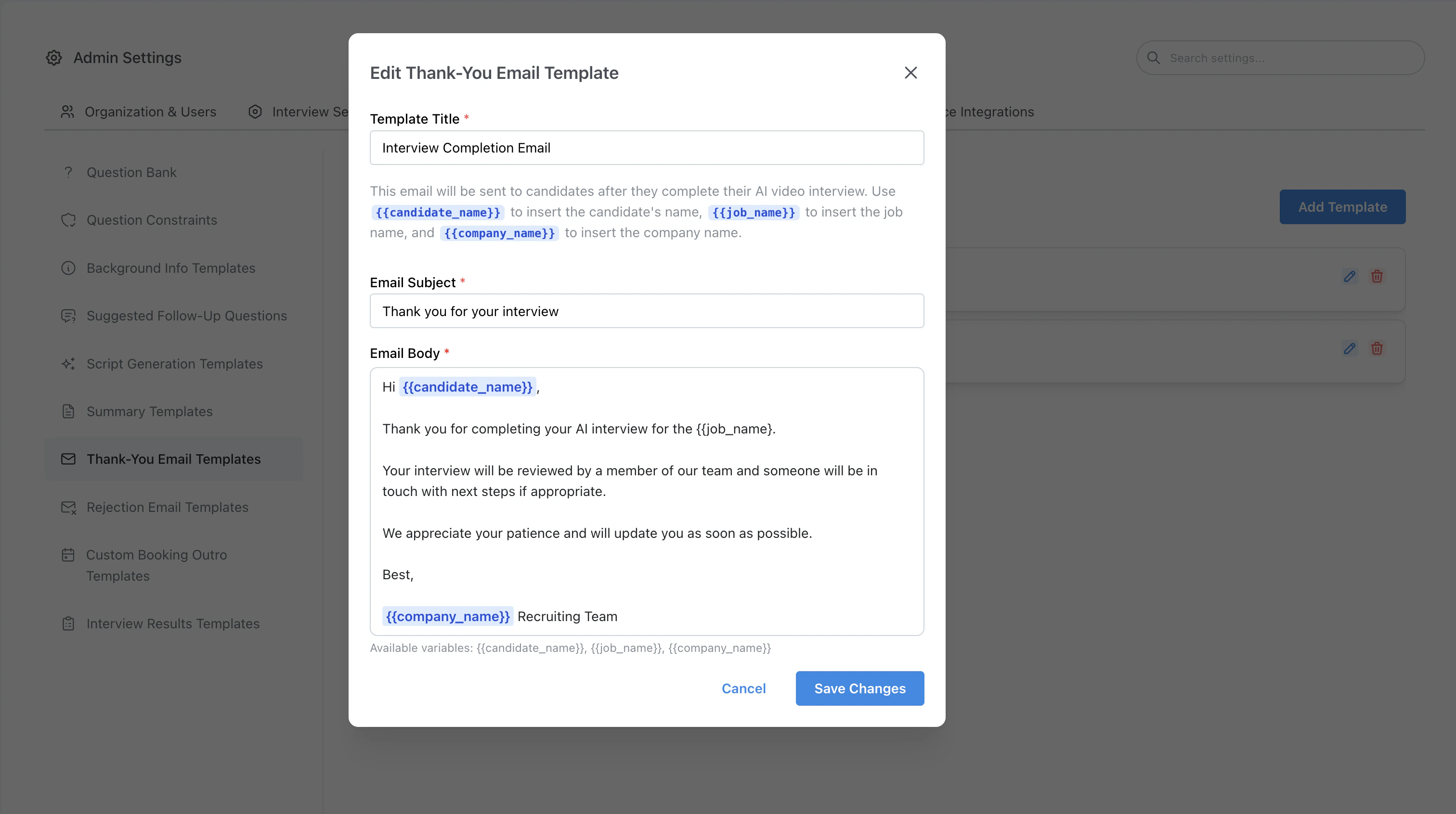 Thank‑You Email Template editor example