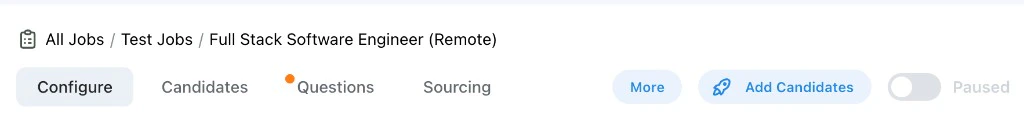 Job page header showing the Add Candidates button at the top right next to the More button and Active toggle