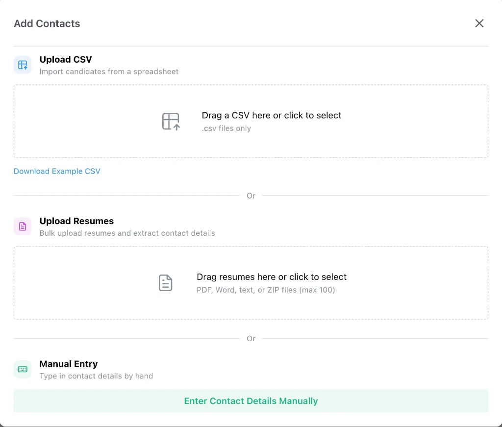 Add Contacts modal with Upload CSV, Upload Resumes, and Manual Entry sections