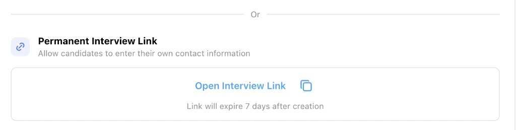 Permanent Interview Link section with Open Interview Link, copy button, and a 7-day expiration note