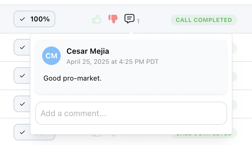 Candidate comments popover showing an existing comment with author and timestamp, and an Add a comment field