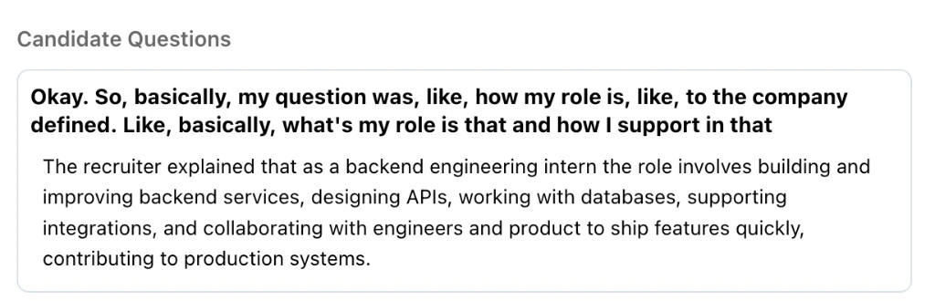 Candidate Questions section showing one question and the recruiter's answer