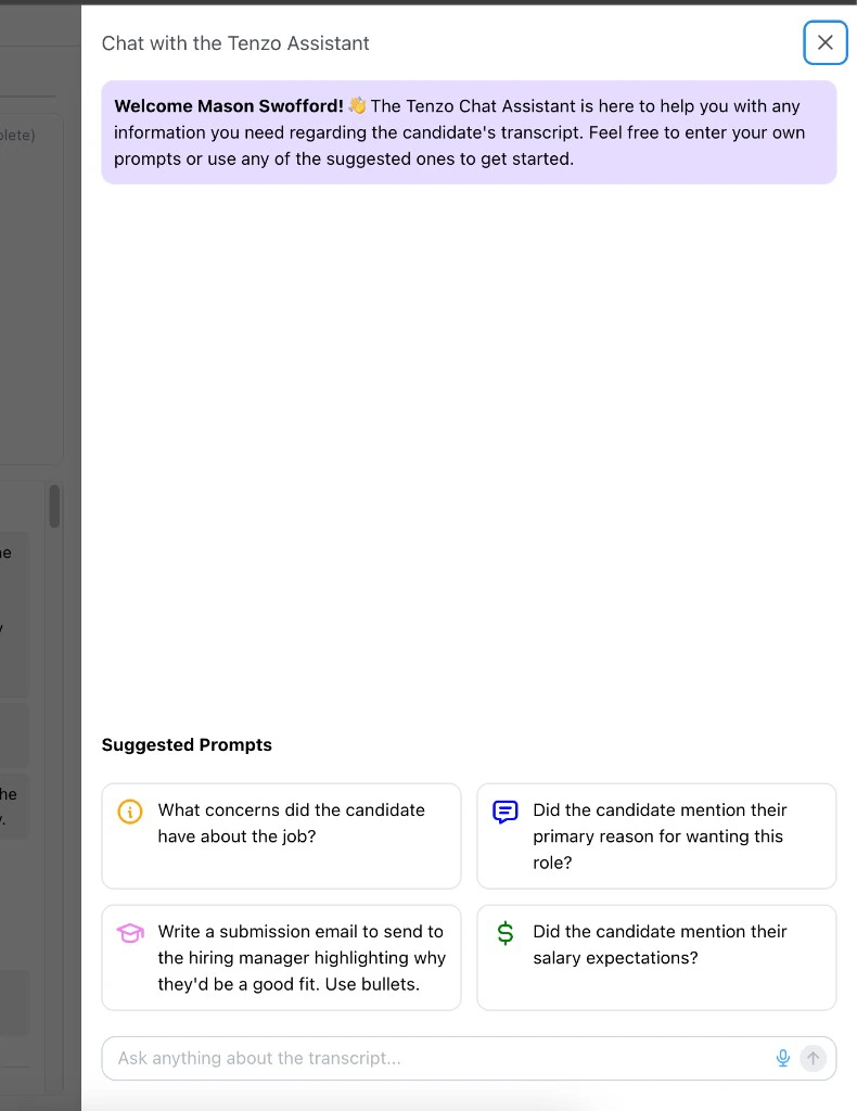 Chat with the Tenzo Assistant drawer showing welcome message, suggested prompts, and an input