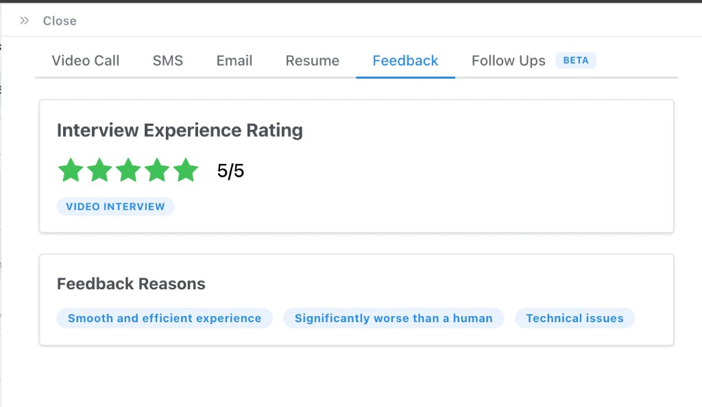 Feedback tab showing 5 out of 5 star Interview Experience Rating with Video Interview badge and three Feedback Reasons badges
