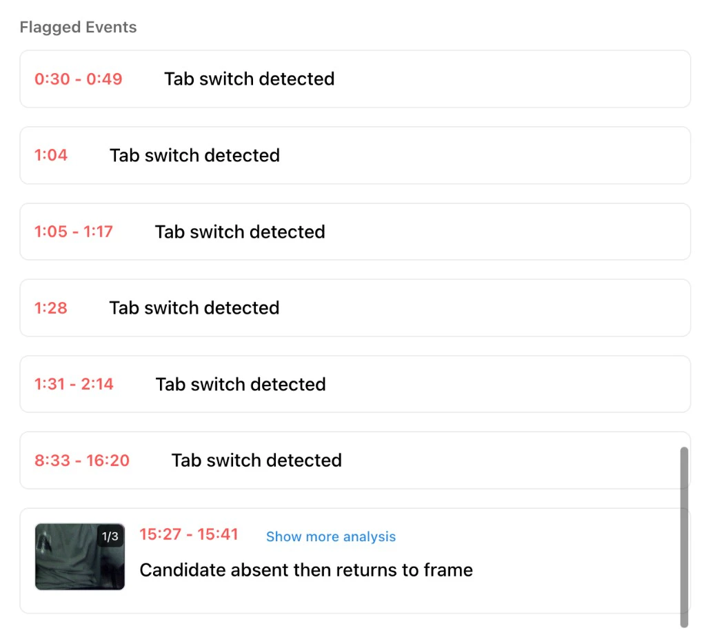 Flagged Events with several tab switch events and one Candidate absent then returns to frame event with a thumbnail image