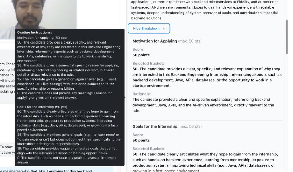 Expanded breakdown showing the grading instructions tooltip on the left and the per-category breakdown with score, selected bucket, and rationale on the right