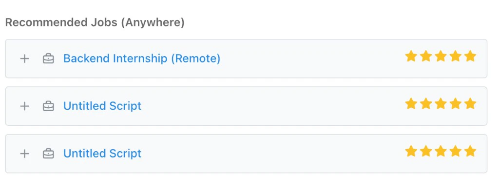Recommended Jobs (Anywhere) section showing three recommended jobs with star ratings