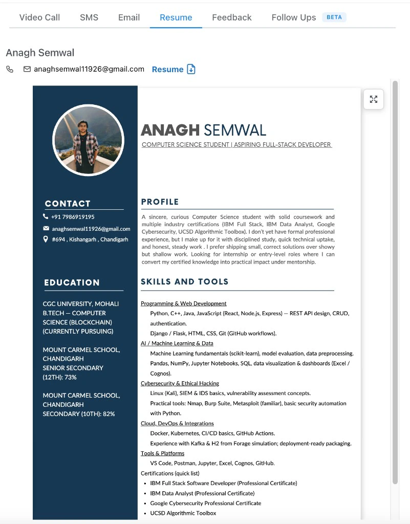 Resume tab showing the candidate's PDF resume embedded with a download link