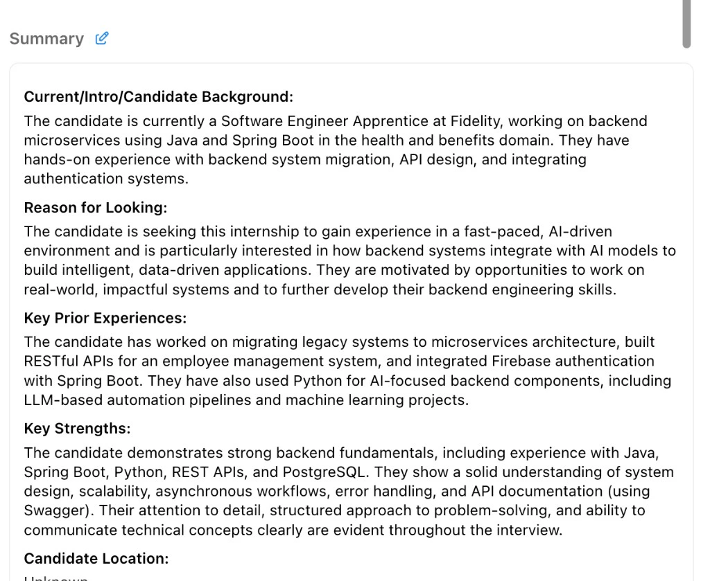Summary section with bolded section headings and paragraphs of generated text