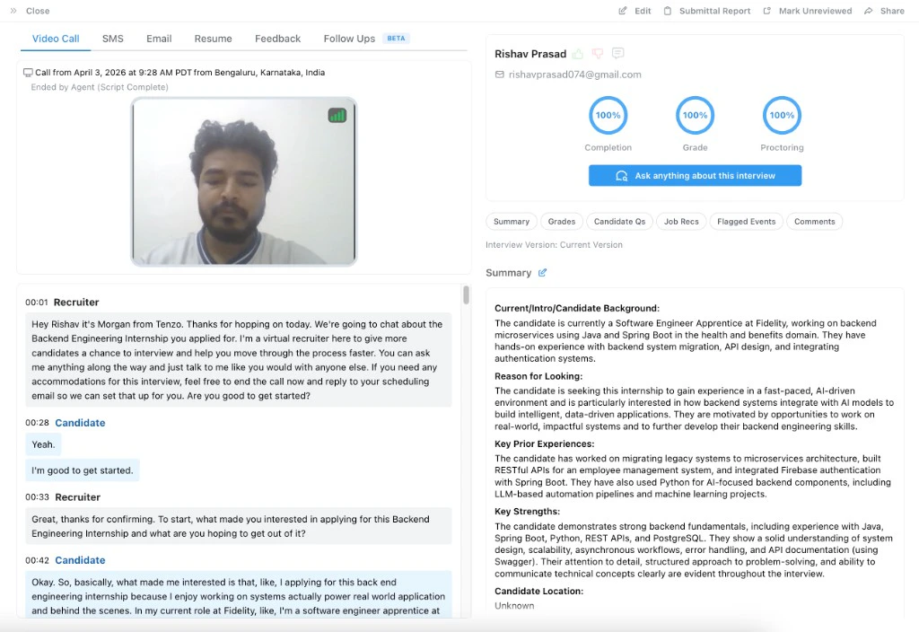 Full candidate interview review with video, transcript, summary, and tabs across the top