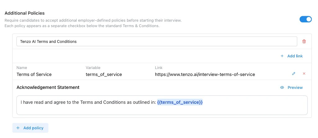 Additional Policies configuration with links table and acknowledgement template