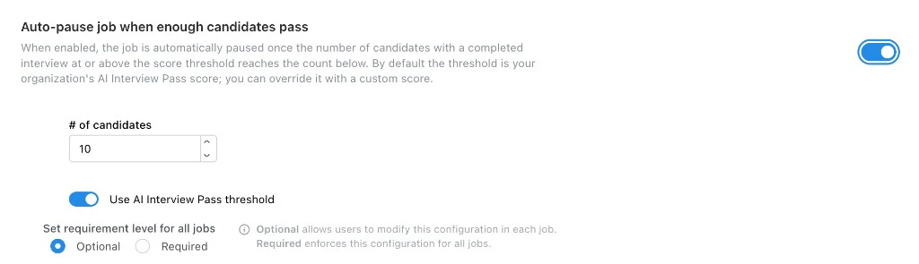 Auto-pause job setting with candidate count, score threshold, and requirement level