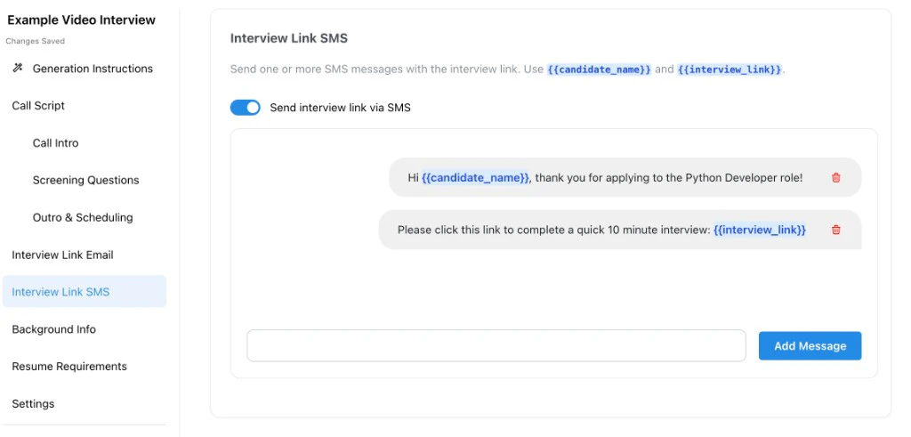 Job editor Interview Link SMS step with Send interview link via SMS and templated messages