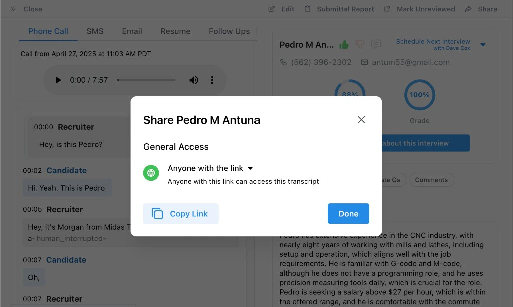 Share modal with general access and copy link for transcript