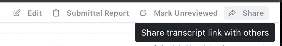 Interview toolbar with Share button to share transcript link