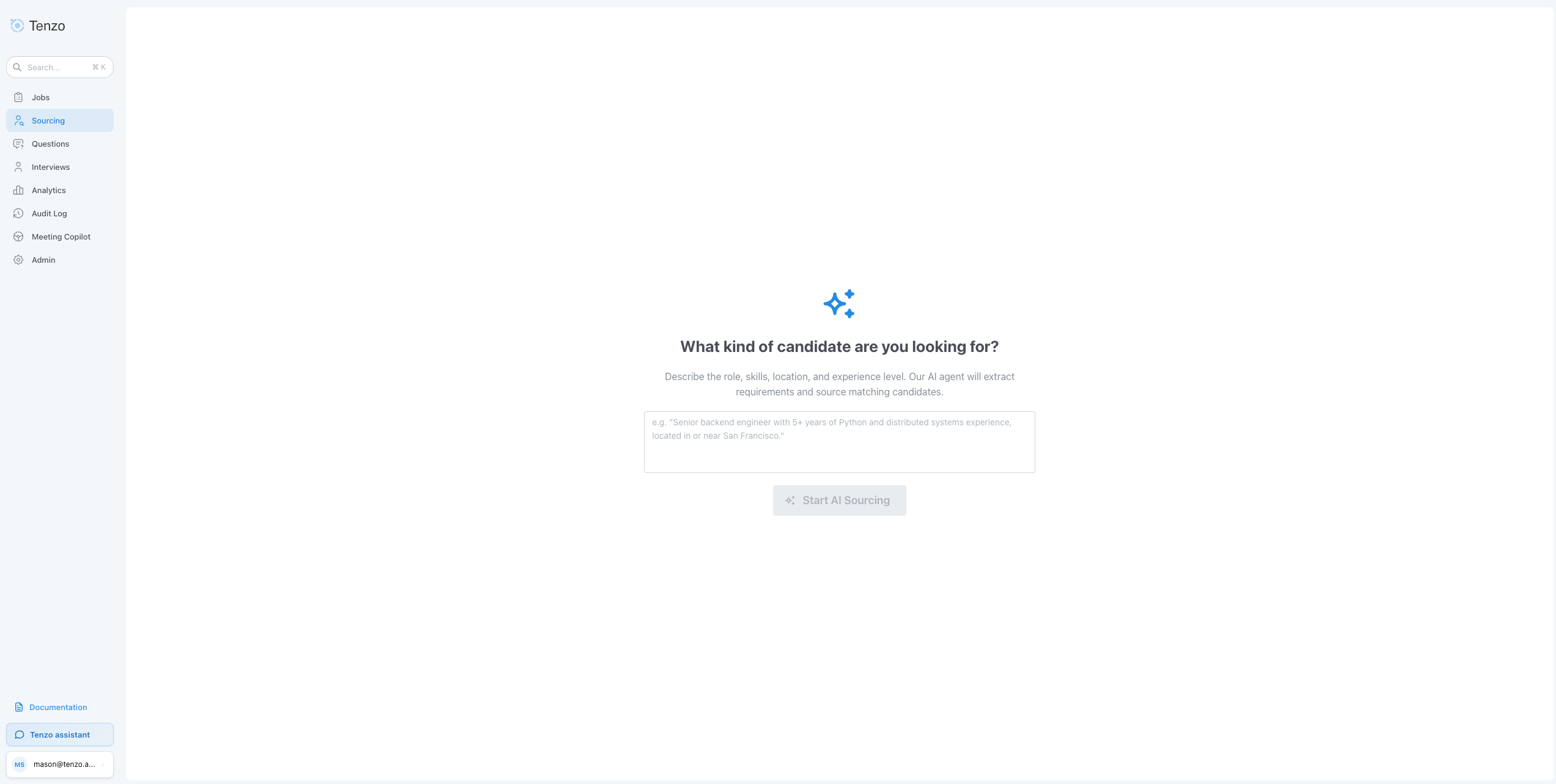 Standalone sourcing empty state with chat-style prompt