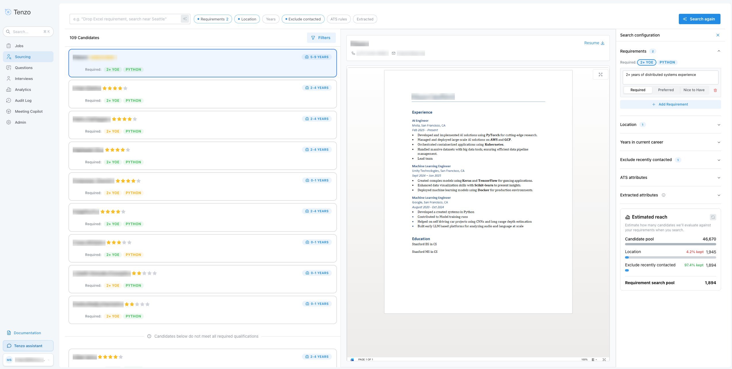 Standalone sourcing results with requirements and filters
