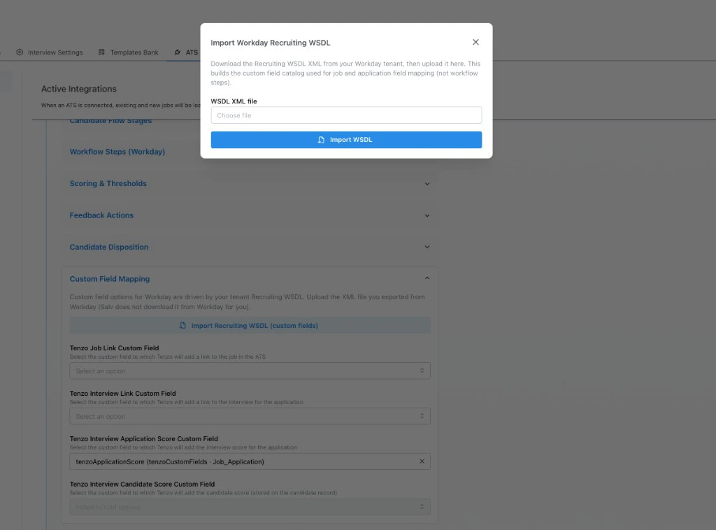 Import Workday Recruiting WSDL modal with WSDL XML file picker and Import WSDL button
