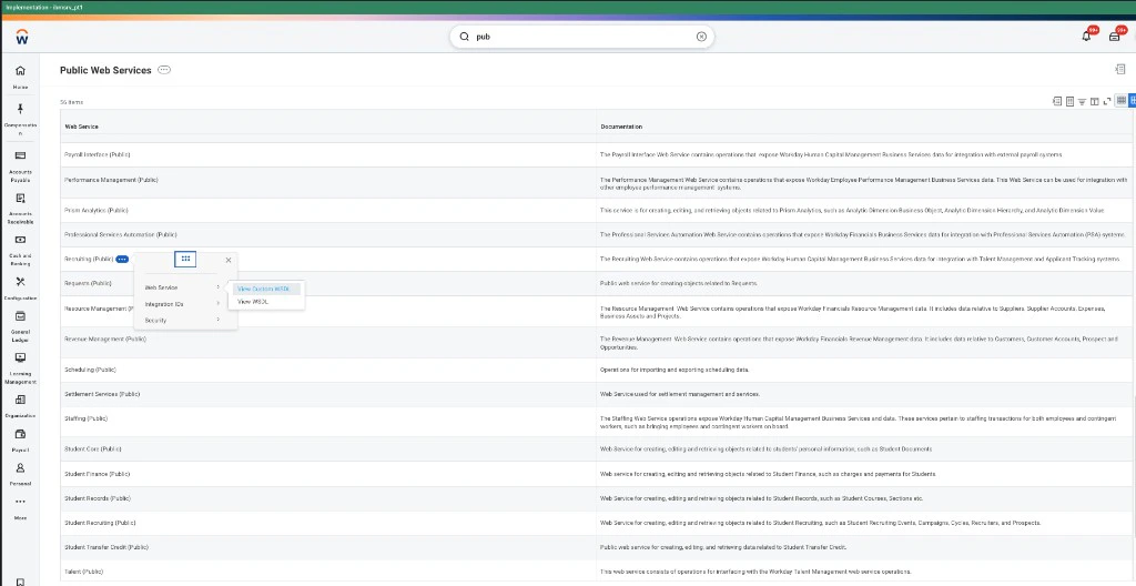 Workday Public Web Services report with Recruiting (Public) selected and Web Service menu showing View WSDL