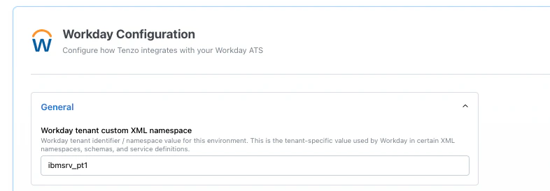 Workday Configuration with General section expanded, showing Workday tenant custom XML namespace field