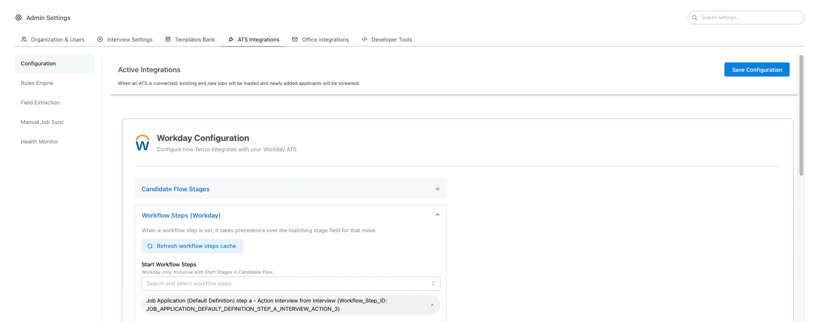 Workday ATS integration with Workflow Steps section and Refresh workflow steps cache