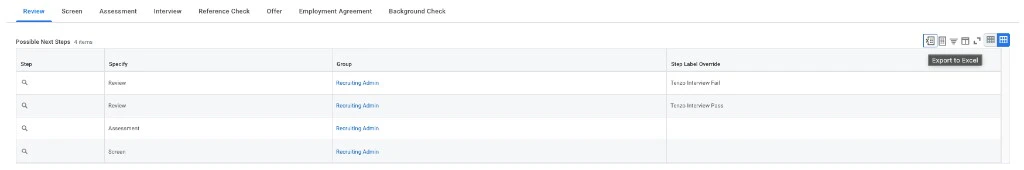Possible Next Steps table in Workday with Export to Excel highlighted on the toolbar