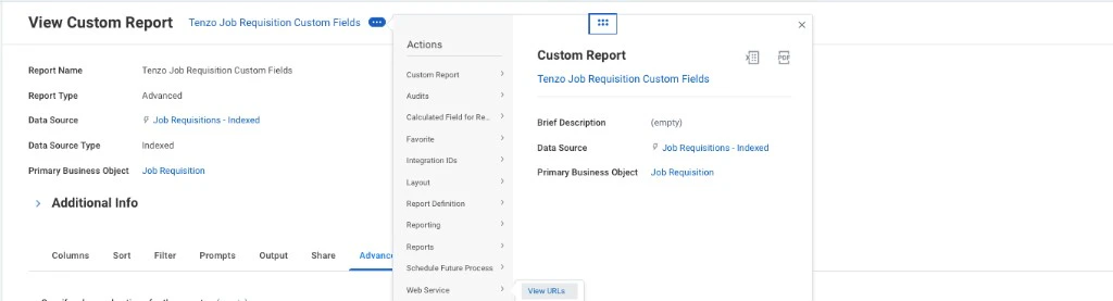 Workday View Custom Report with Actions menu open on Web Service and Custom Report flyout showing View URLs button