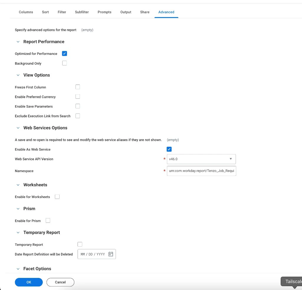 Workday custom report Advanced tab showing Web Services Options with Enable As Web Service checked and Web Service API Version v46.0