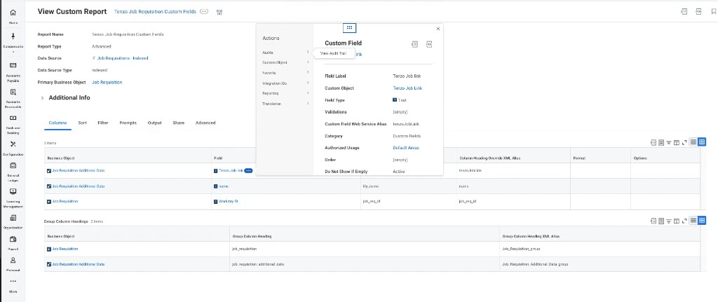 Workday View Custom Report Columns tab with Tenzo Job Link field and Custom Field modal showing Custom Field Web Service Alias tenzo_job_link matching the column XML alias