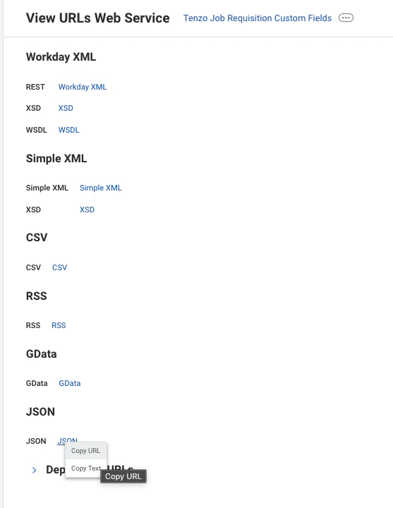 Workday View URLs Web Service page with JSON link context menu showing Copy URL