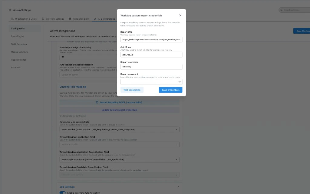 Tenzo modal Workday custom report credentials with Report URL, Job ID key, Report username, Report password, Test connection and Save credentials