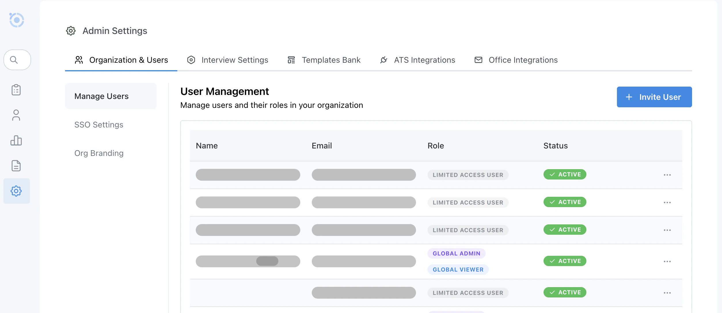User management page showing organization users, roles, and statuses