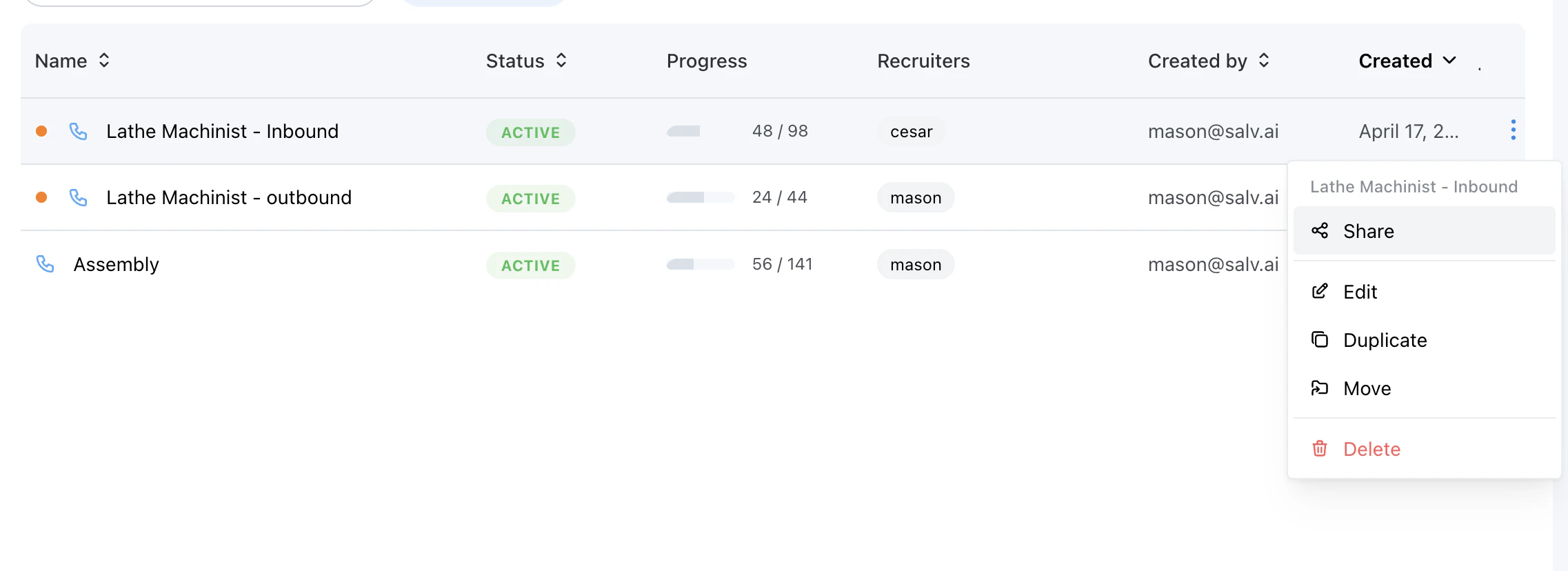 Share menu opened from a job or folder