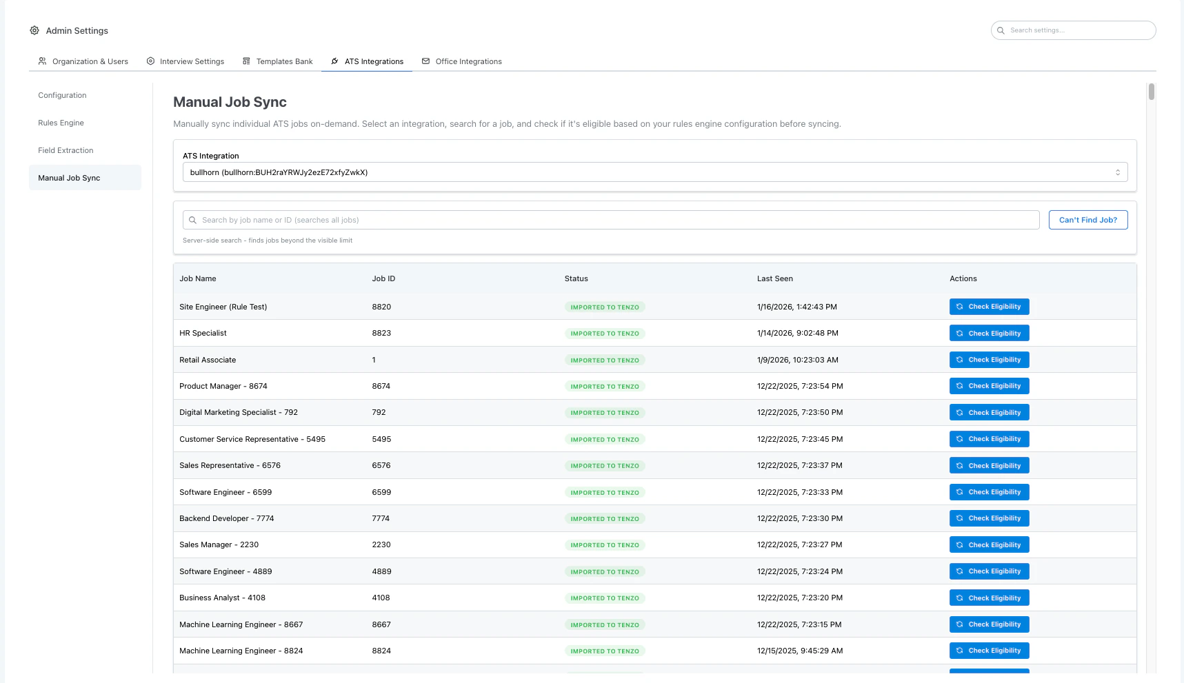 Manual Job Sync page showing job list with sync status