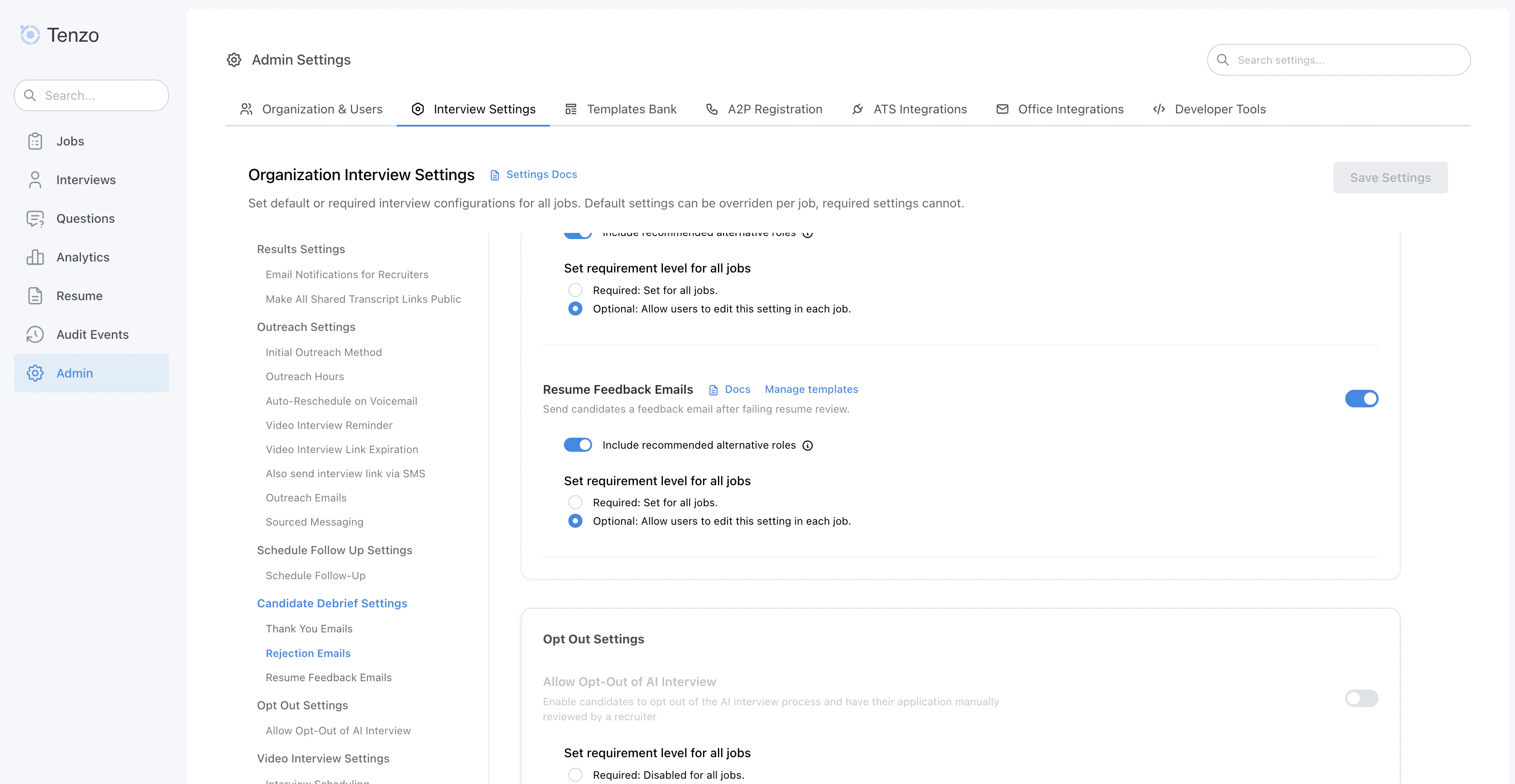 Resume Feedback Emails settings
