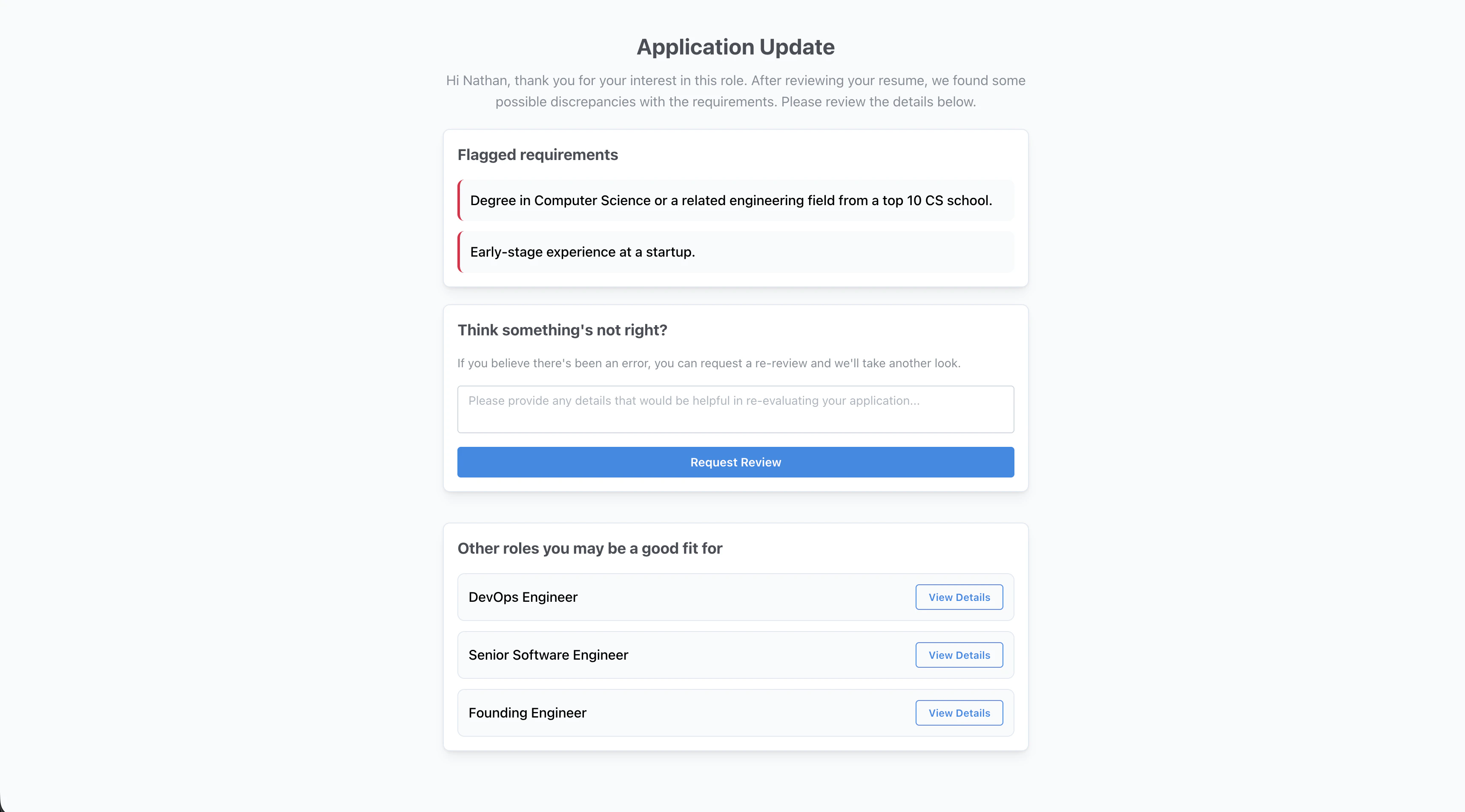 Candidate-facing details page with flagged requirements, re-review form, and alternative roles