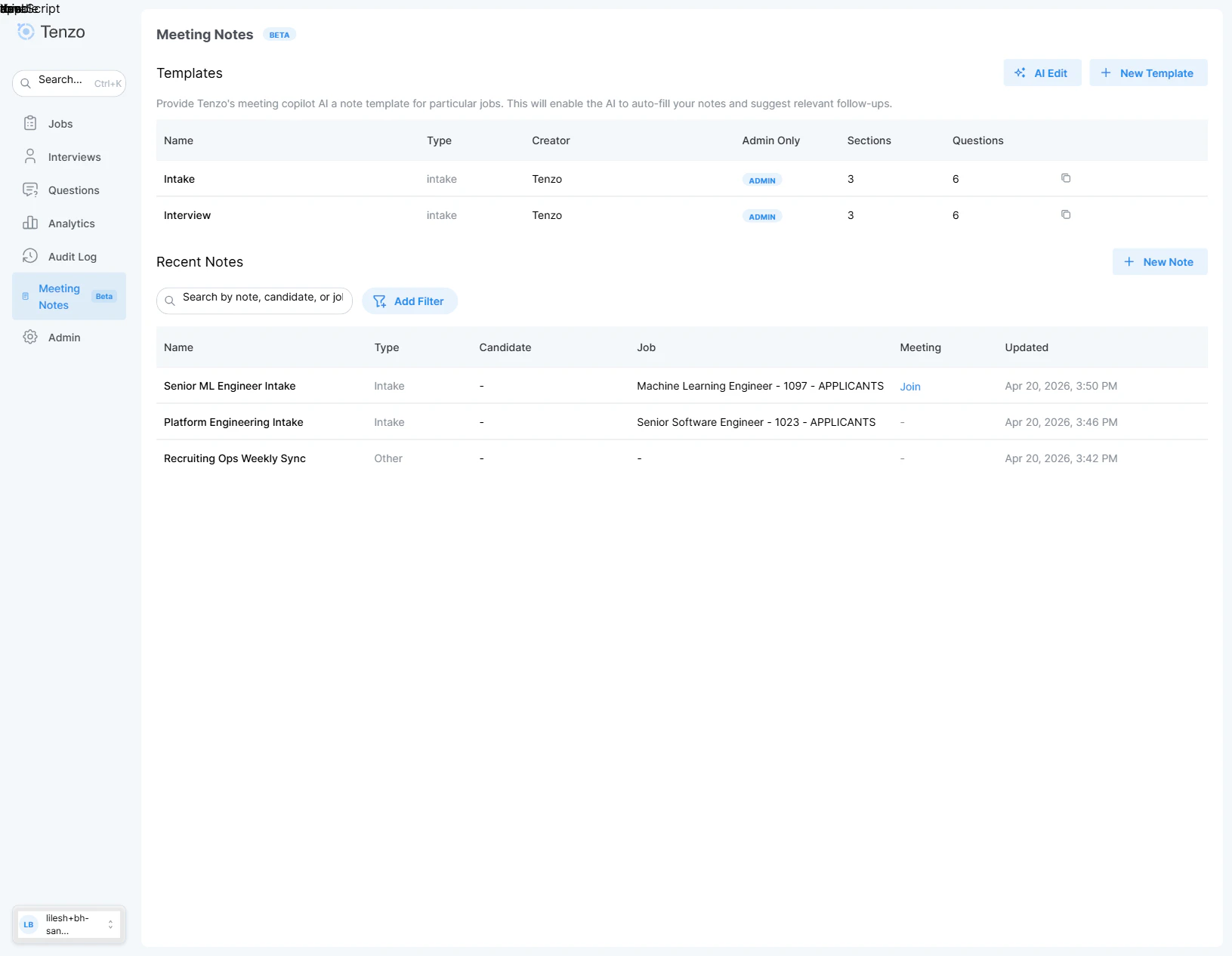 Meeting Copilot dashboard showing the Templates table and the Recent Notes table