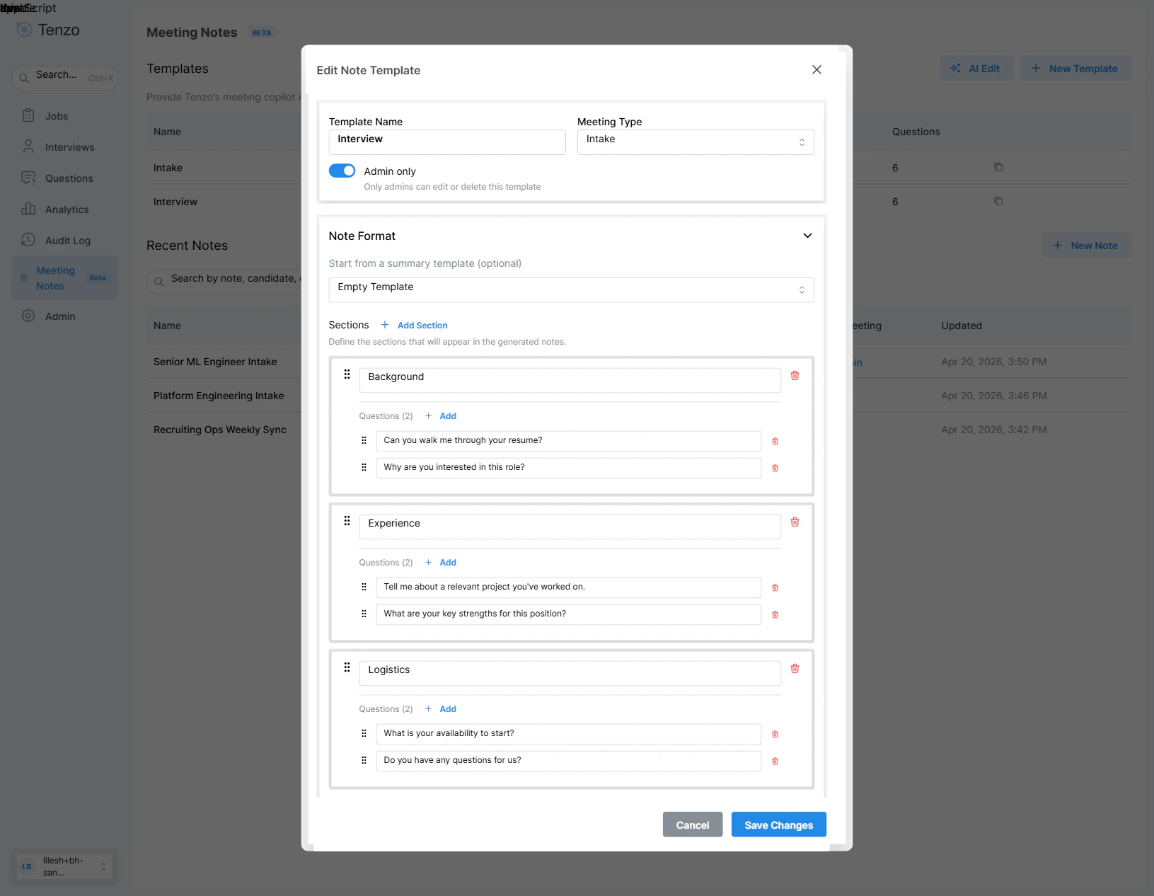 Edit Note Template modal showing Template Name, Meeting Type, and sections with questions